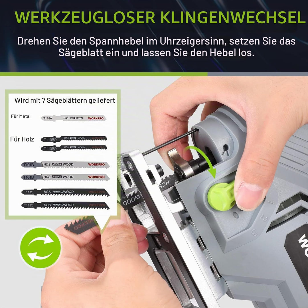 WORKPRO Stichsäge 600W, 3000 SPM mit 6 Geschwindigkeiten &amp; 4 Orbitalpositionen, Schnellem Klingenwec
