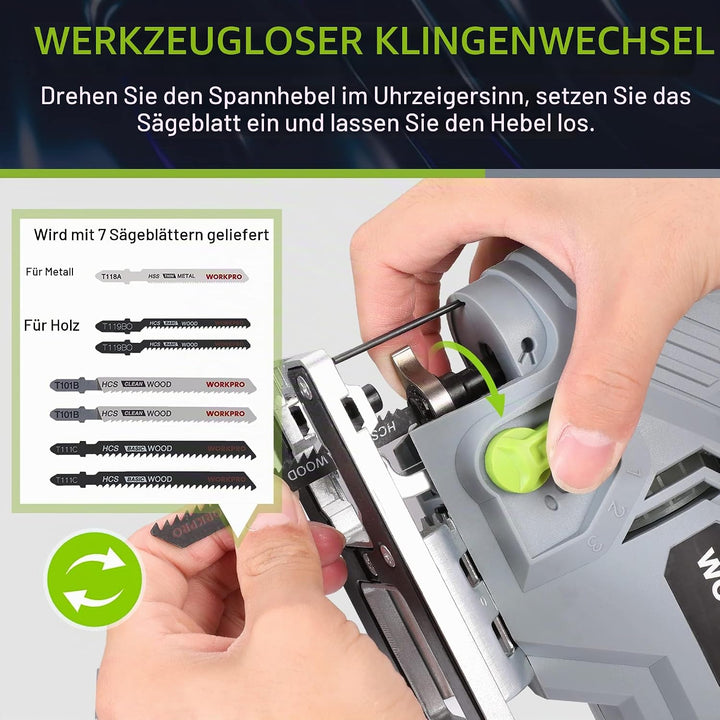 WORKPRO Stichsäge 600W, 3000 SPM mit 6 Geschwindigkeiten &amp; 4 Orbitalpositionen, Schnellem Klingenwec