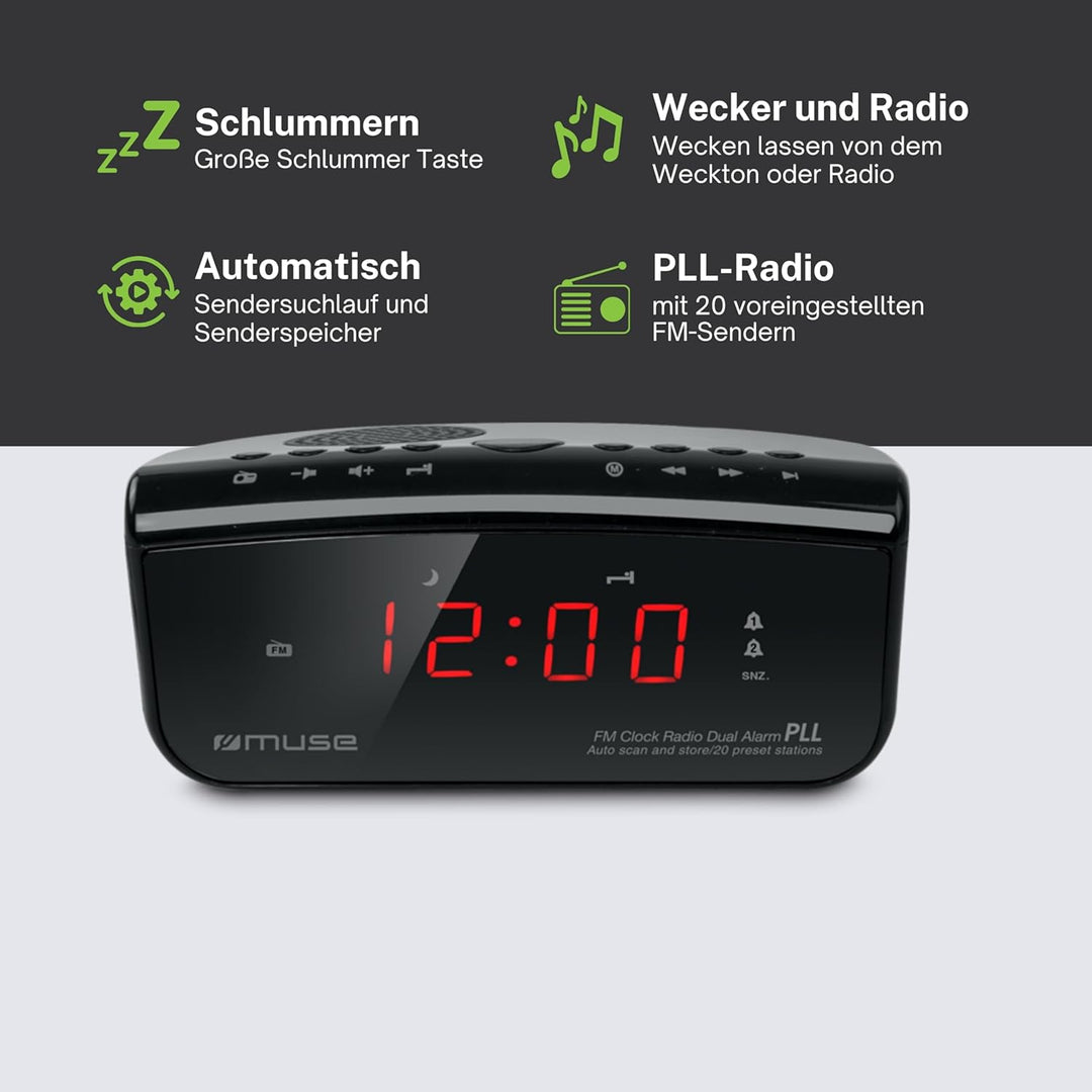 Muse M-12 CR Radiowecker (PLL-Tuner, 2 Weckzeiten, 1,5 cm (0,6 Zoll) rotes LED-Display) schwarz