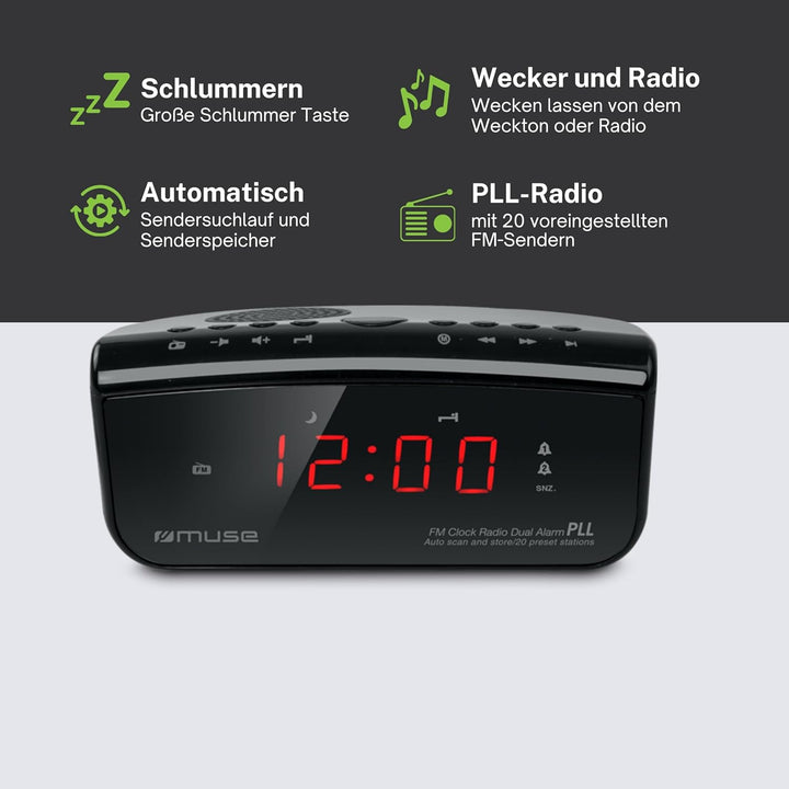 Muse M-12 CR Radiowecker (PLL-Tuner, 2 Weckzeiten, 1,5 cm (0,6 Zoll) rotes LED-Display) schwarz