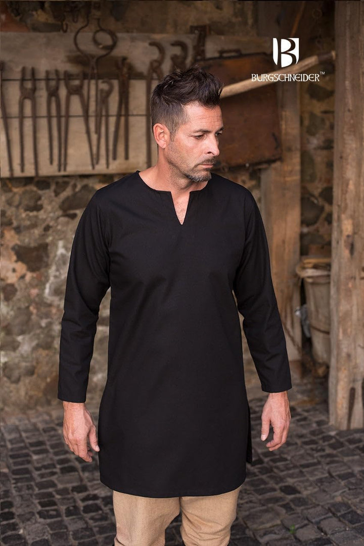 Mittelalter Untertunika Herren Unterkleid Langarm schwarz Baumwolle - XL XL Schwarz, XL Schwarz
