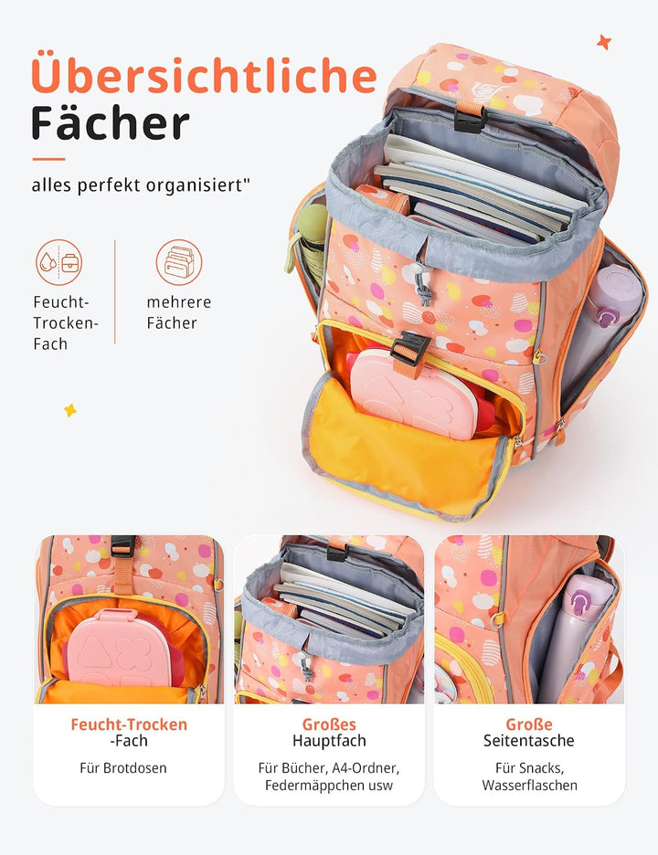 SKYSPER Schulranzen-Set 5-teilig, Schulrucksack Ergonomischer Tragesystem mit Regenhülle und Reflexs