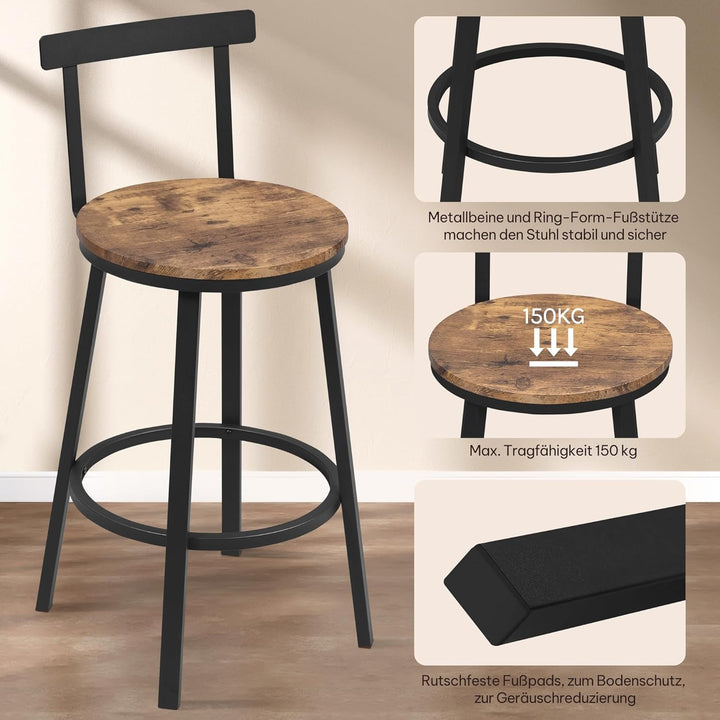 WOLTU Barhocker 2er Set, Barstuhl, Bar Hocker rund, Küchenhocker mit Lehne, Metallgestell, Fussstütz