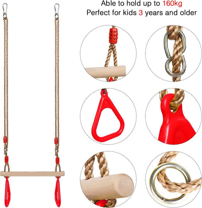 PELLOR Multifunktions Kinderholz Trapeze Schaukel mit Kunststoff Turnringe zum Aufhängen belastbar b