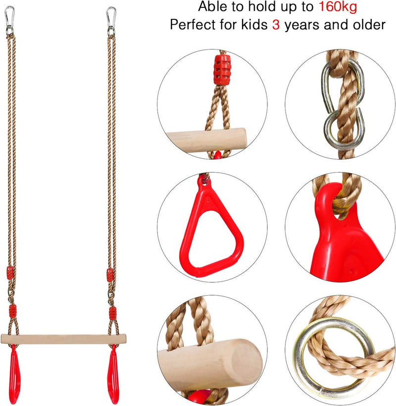 PELLOR Multifunktions Kinderholz Trapeze Schaukel mit Kunststoff Turnringe zum Aufhängen belastbar b