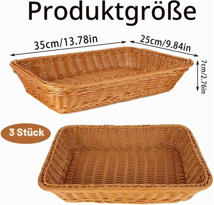 3 Stück Brötchenkorb, Brotkorb Geflochten, Storage Basket Rectangular, Braided Multi-Purpose Basket,