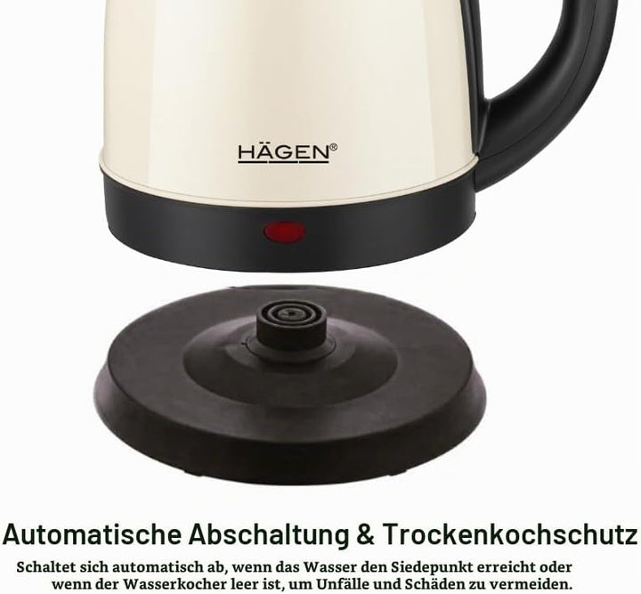 Hagen, Kompakter elektrischer Wasserkocher aus Edelstahl, Elegantes Design, 360° Basis, Kapazität 1,
