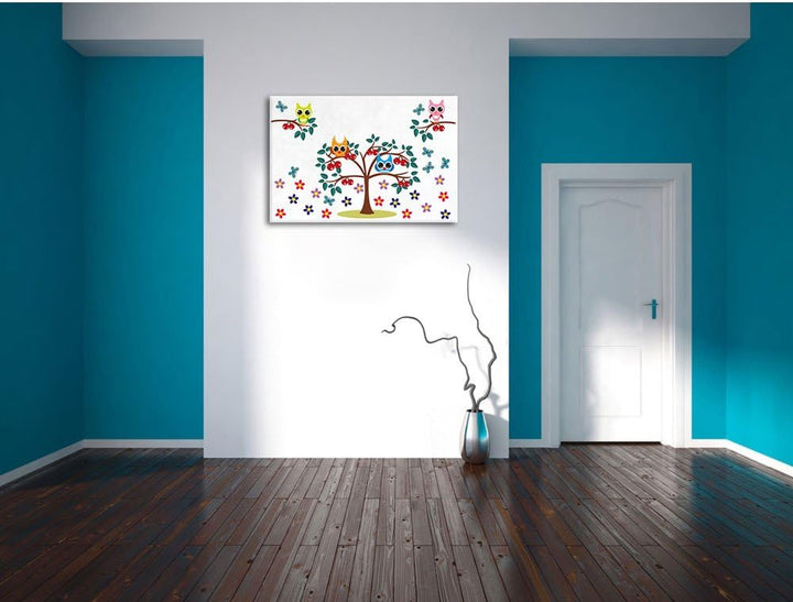 Pixxprint Bäume mit süssen Eulen weiss, Format: 100x70 auf Leinwand, 100x70