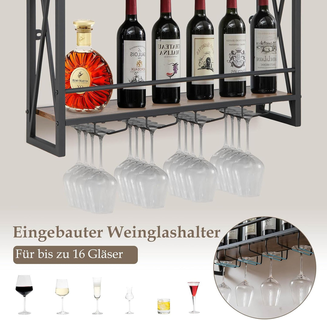 COSTWAY 3 Ebenen Weinregal Wand, Flaschenregal Holz mit Metallrahmen, mit 4 Reihen Weingläserhalter,