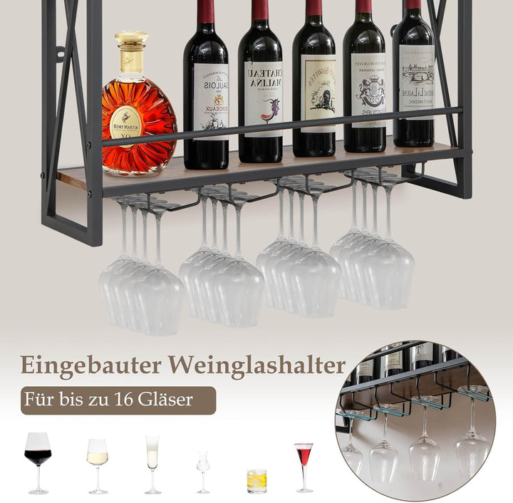 COSTWAY 3 Ebenen Weinregal Wand, Flaschenregal Holz mit Metallrahmen, mit 4 Reihen Weingläserhalter,