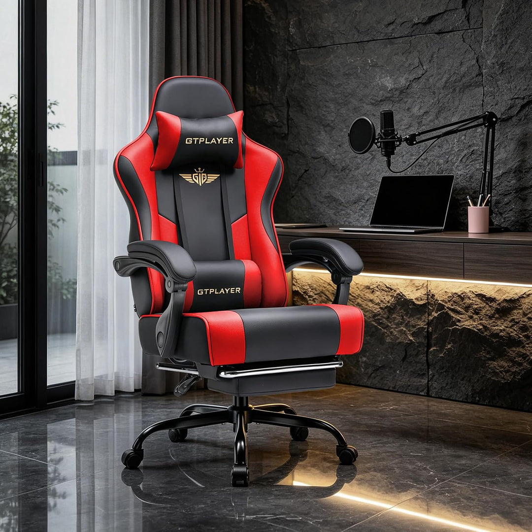 GTPLAYER Gaming Stuhl Chair Gamer Sessel - Ergonomischer Gamer Stuhl mit Fussstütze Kopfstütze und L