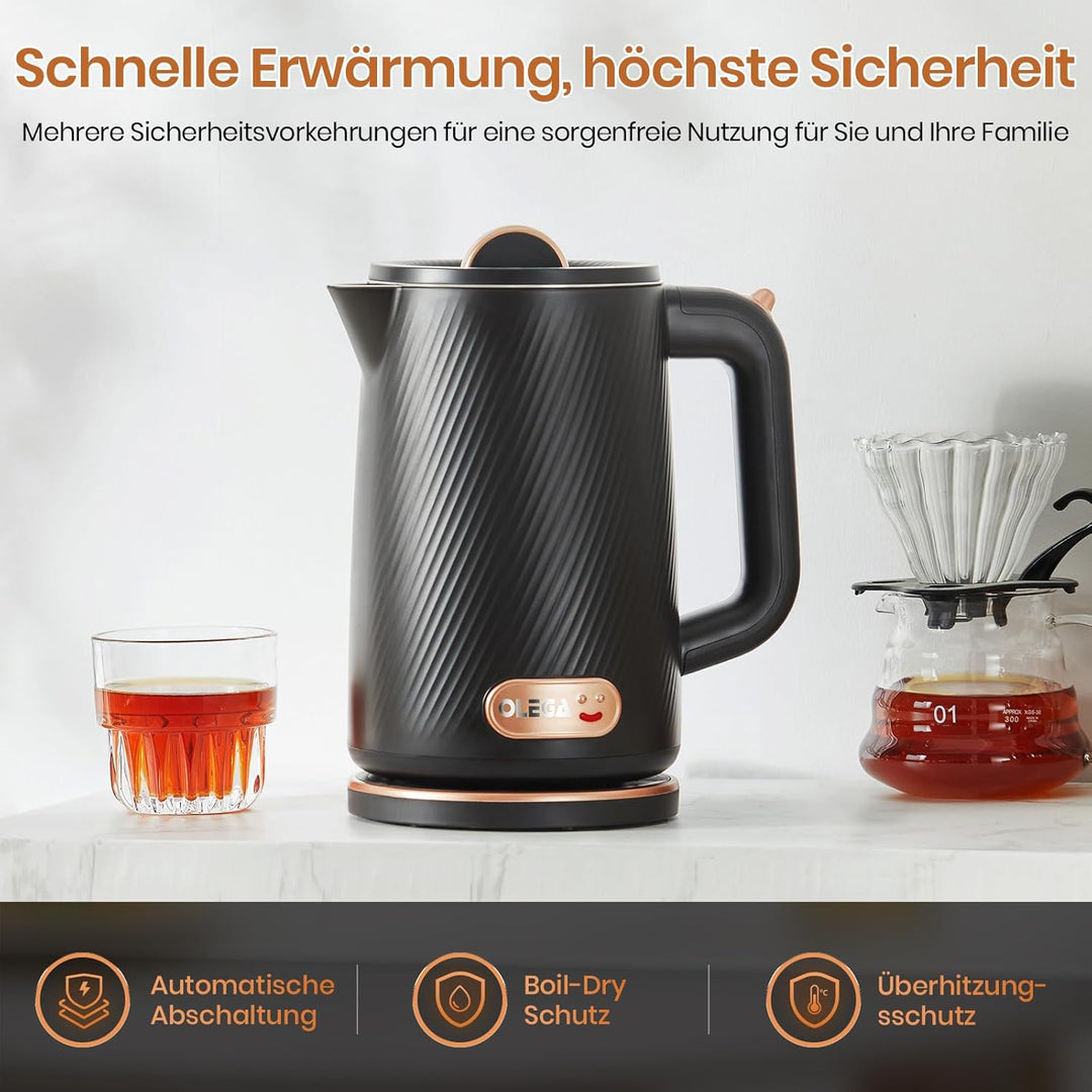 OLEGA Wasserkocher - 1500W Schnellaufheizender Elektrischer Teekessel BPA-freier 304 Edelstahl Elekt
