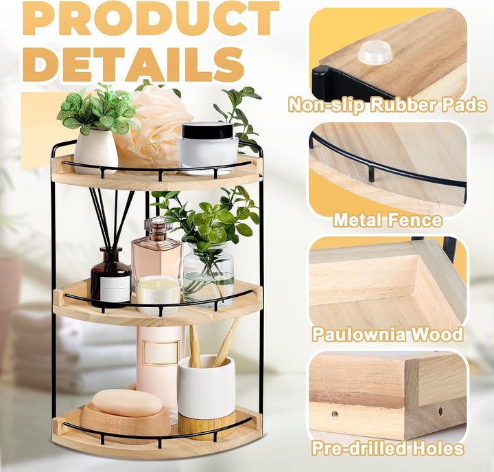 3 Ebenen Badezimmer Organizer, Eckregal Badezimmer Regal aus Holz mit Metallgestell, Arbeitsplatten-