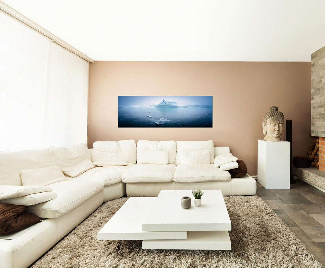 Paul Sinus Art Panoramabild auf Leinwand und Keilrahmen 150x50cm Meer Eisberge Schnee Nebel Dunst