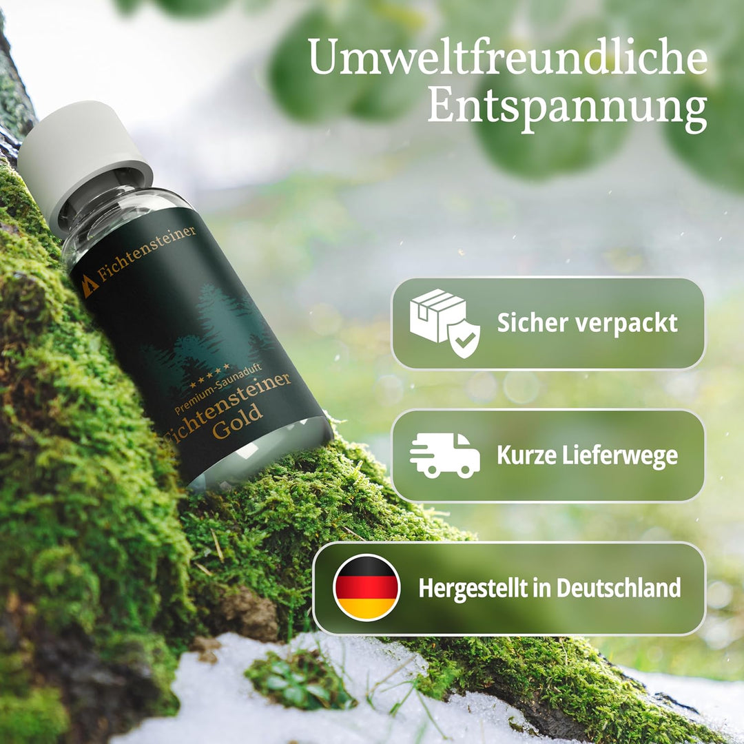 Saunaaufguss Gold, edle Nadelholzdüfte, wohltuende Kräuter und ein Hauch Zitrusduft, 100ml, Luxus Sa