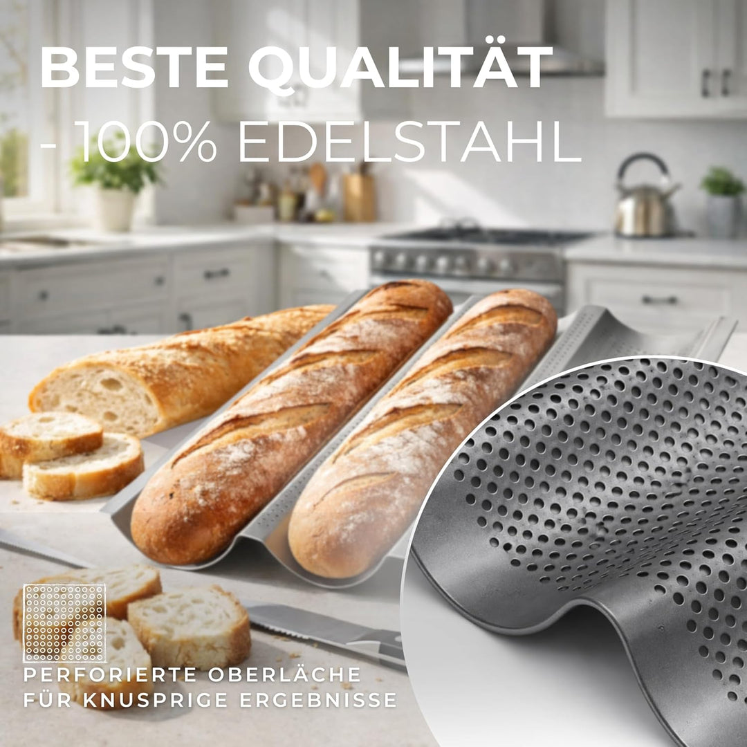 Baguette Backform Edelstahl I perforierte Baguette Backform für 3 Baguette Laibe 39 x 25cm I Baguett
