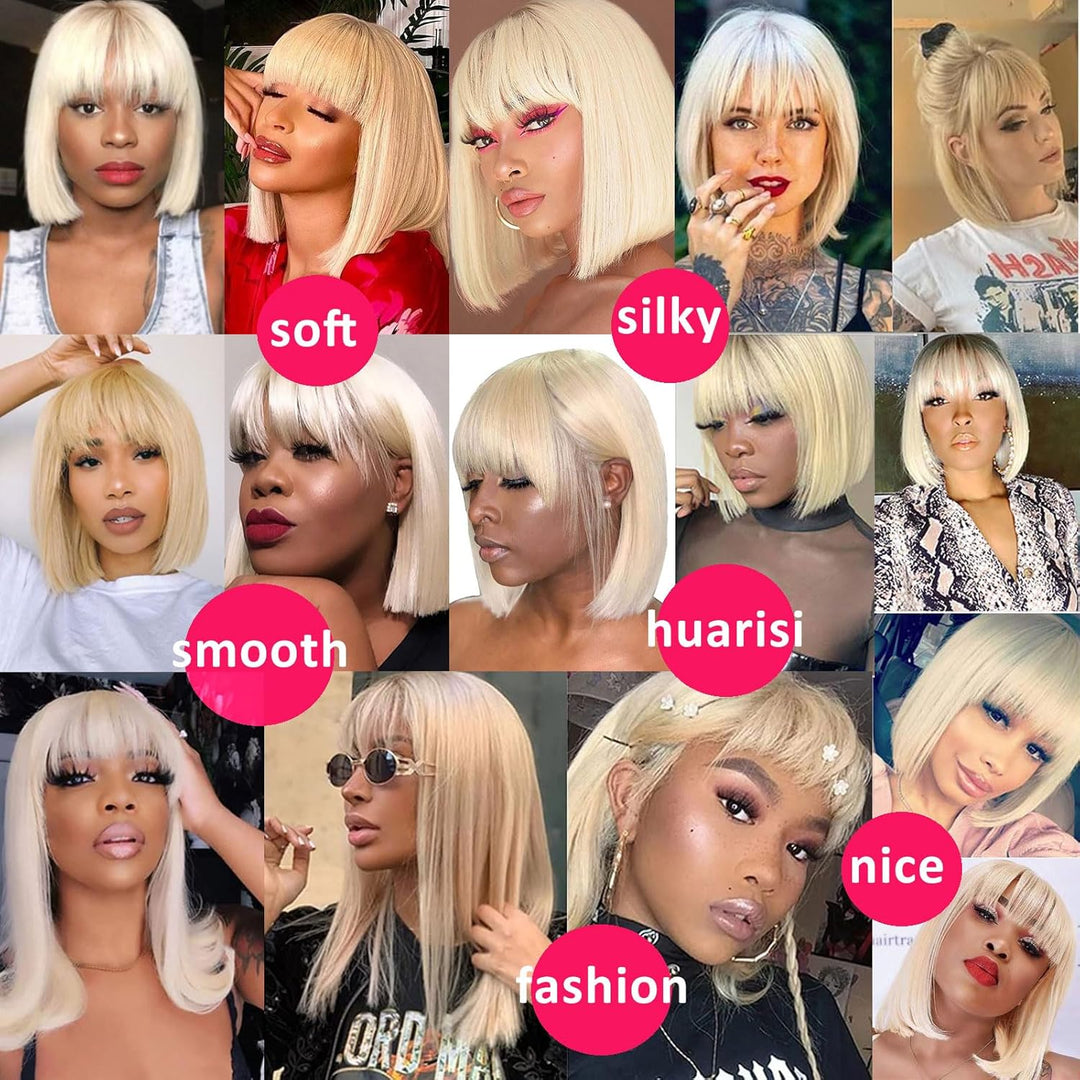 Huarisi 613 Straight Bob Wigs Human Hair with Bangs, 12 Inch Short Blonde Wigs None Lace, 8a Grade B