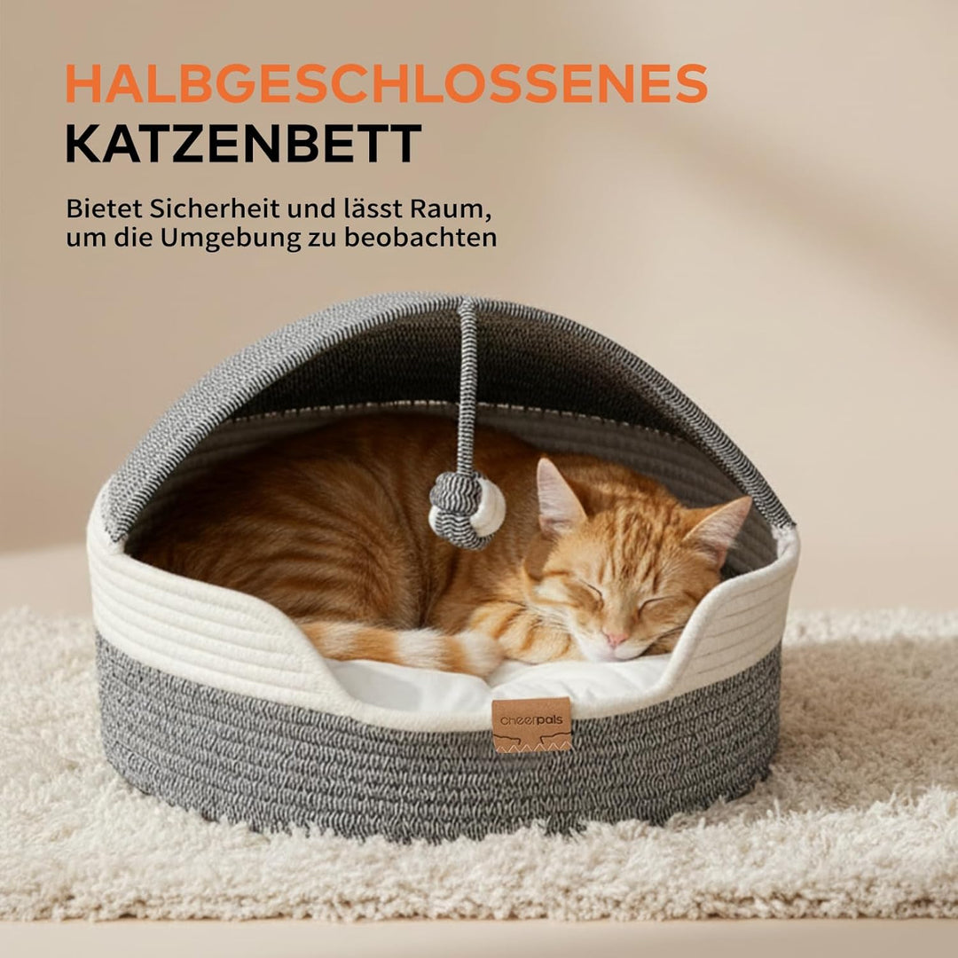 CheerPals Katzenbett Geflochten & Katzenhöhle mit Deckel – Formstabiler Katzenkorb aus Kratzfestem G