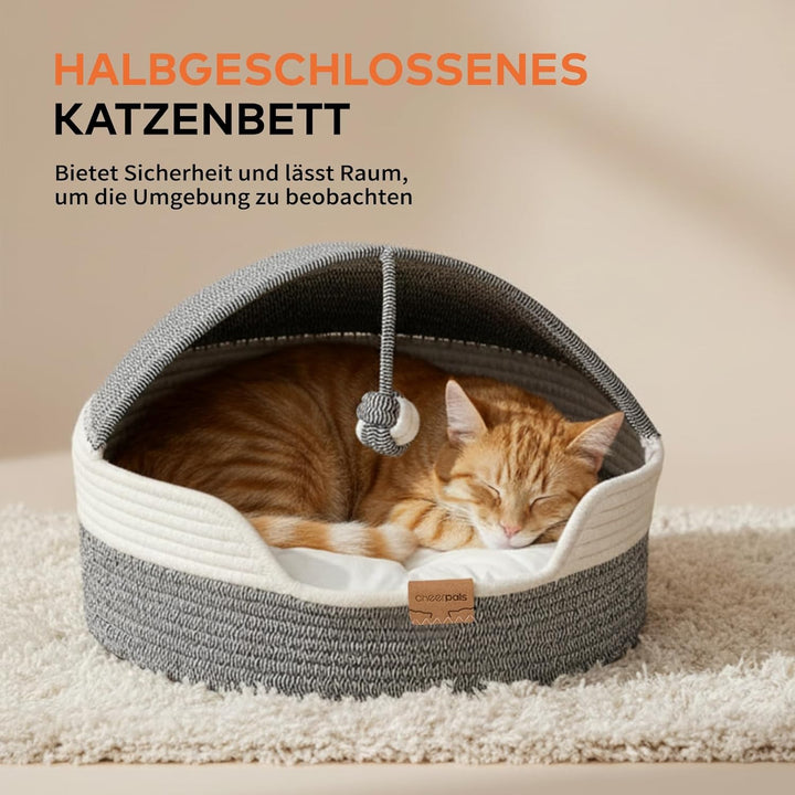 CheerPals Katzenbett Geflochten & Katzenhöhle mit Deckel – Formstabiler Katzenkorb aus Kratzfestem G