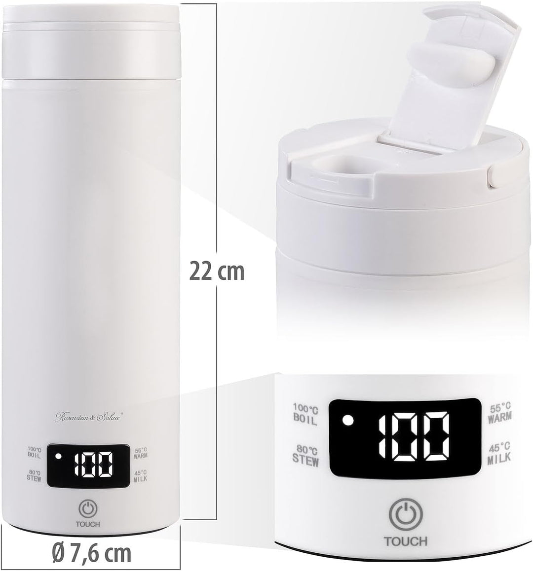 Rosenstein & Söhne Edelstahl Wasserkocher: Reise-Wasserkocher & Isolierkanne, 300 W, 500 ml, 4 Tempe