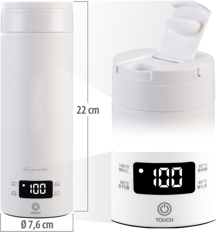 Rosenstein & Söhne Edelstahl Wasserkocher: Reise-Wasserkocher & Isolierkanne, 300 W, 500 ml, 4 Tempe