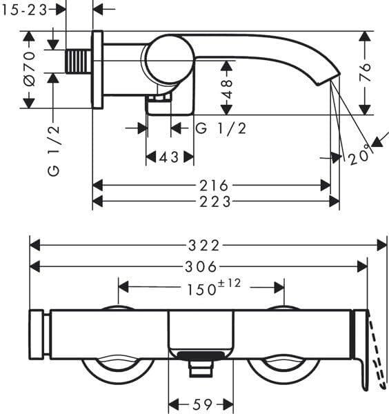 hansgrohe Wannenarmatur Vivenis, Aufputz Badarmatur für 2 Funktionen, Mattschwarz Mattschwarz Wanne,