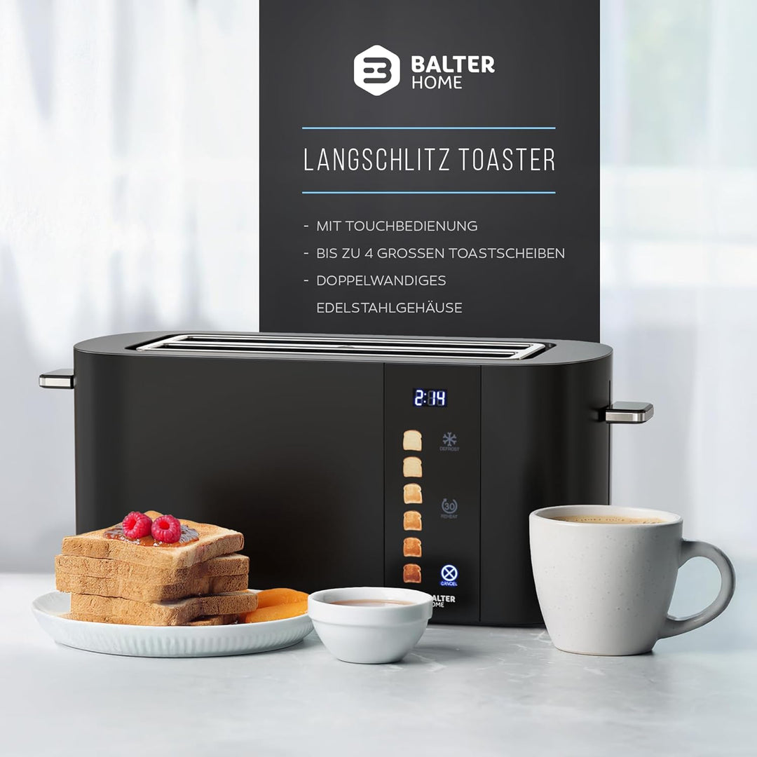 Balter Toaster 4 Scheiben, Touch Bedienung, Langschlitz, Edelstahl, Brötchenaufsatz, LCD Display Lan