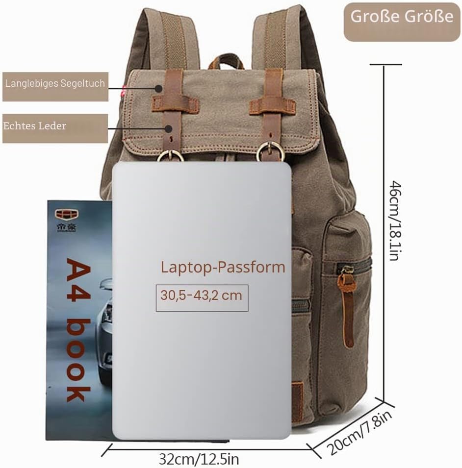Retro Segeltuch Rucksack, Canvas Vintage Rucksack Laptop Daypack Schulrucksack Reisetasche Lederruck