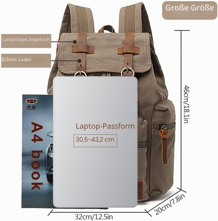 Retro Segeltuch Rucksack, Canvas Vintage Rucksack Laptop Daypack Schulrucksack Reisetasche Lederruck