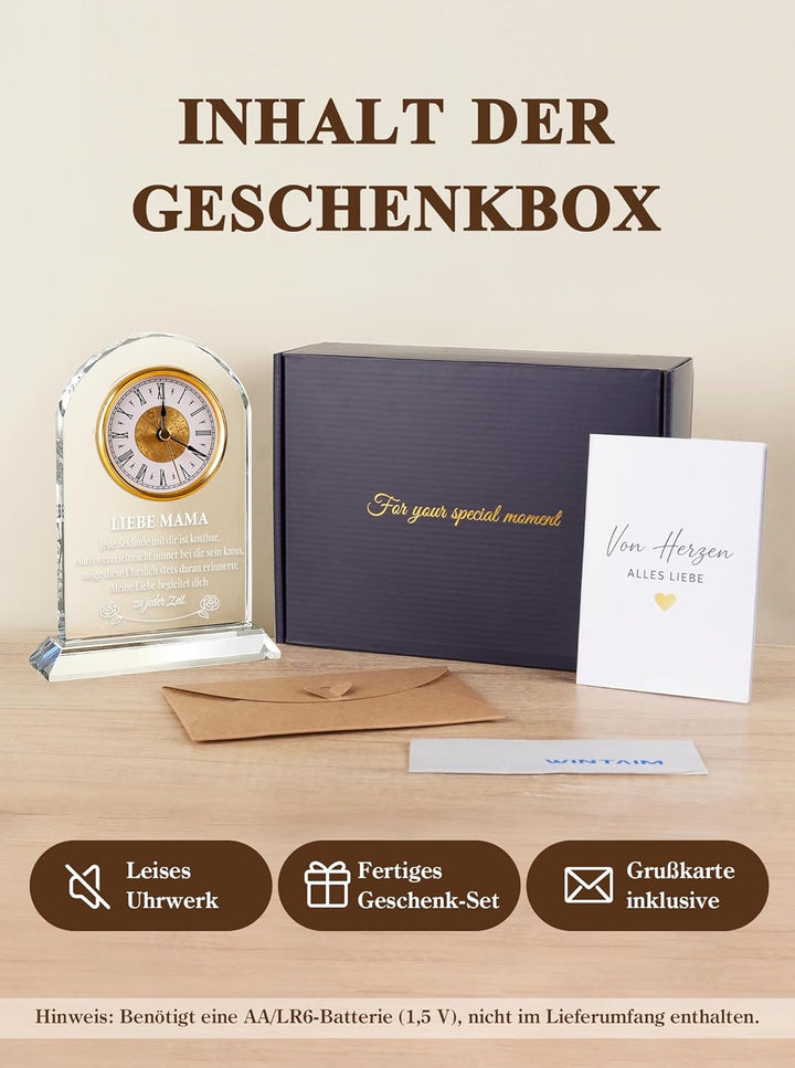 Geschenk für Mama zum Geburtstag & Muttertag – Edle Glasuhr mit Spruch von Tochter & Sohn – Besonder
