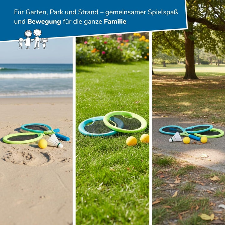 alldoro 68714 Beachball-Set 4in1, XL-Federball, XL-Soft-Tennis, Beachball &amp; Wurfscheibe, wetterfeste
