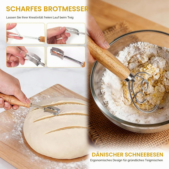 Sauerteig Starter Set, Backzubehör für Sauerteigbrot mit 2 Gärkorb (25cm Ovale &amp; 23cm Runde), Sauert