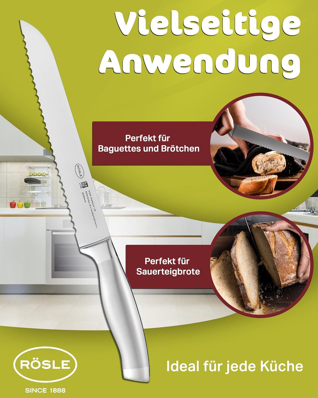 RÖSLE Brotmesser Basic Line, Hochwertiges Küchenmesser zum Schneiden von Brot, Brötchen und Baguette