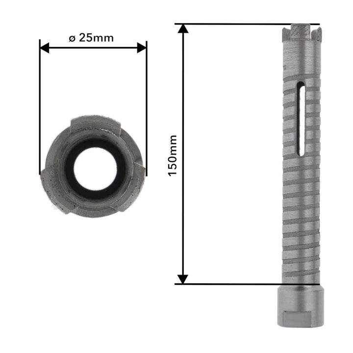 PRODIAMANT Diamant Bohrkrone ø 25mm Nutzlänge 150mm mit 6-Kant Adapter lasergeschweisst für trocken