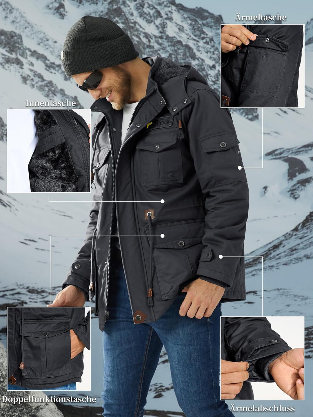 KEFITEVD Winterparka Herren Fleece Gefüttert Winterjacke mit Viele Taschen Kapuze Warm Winter Mantel
