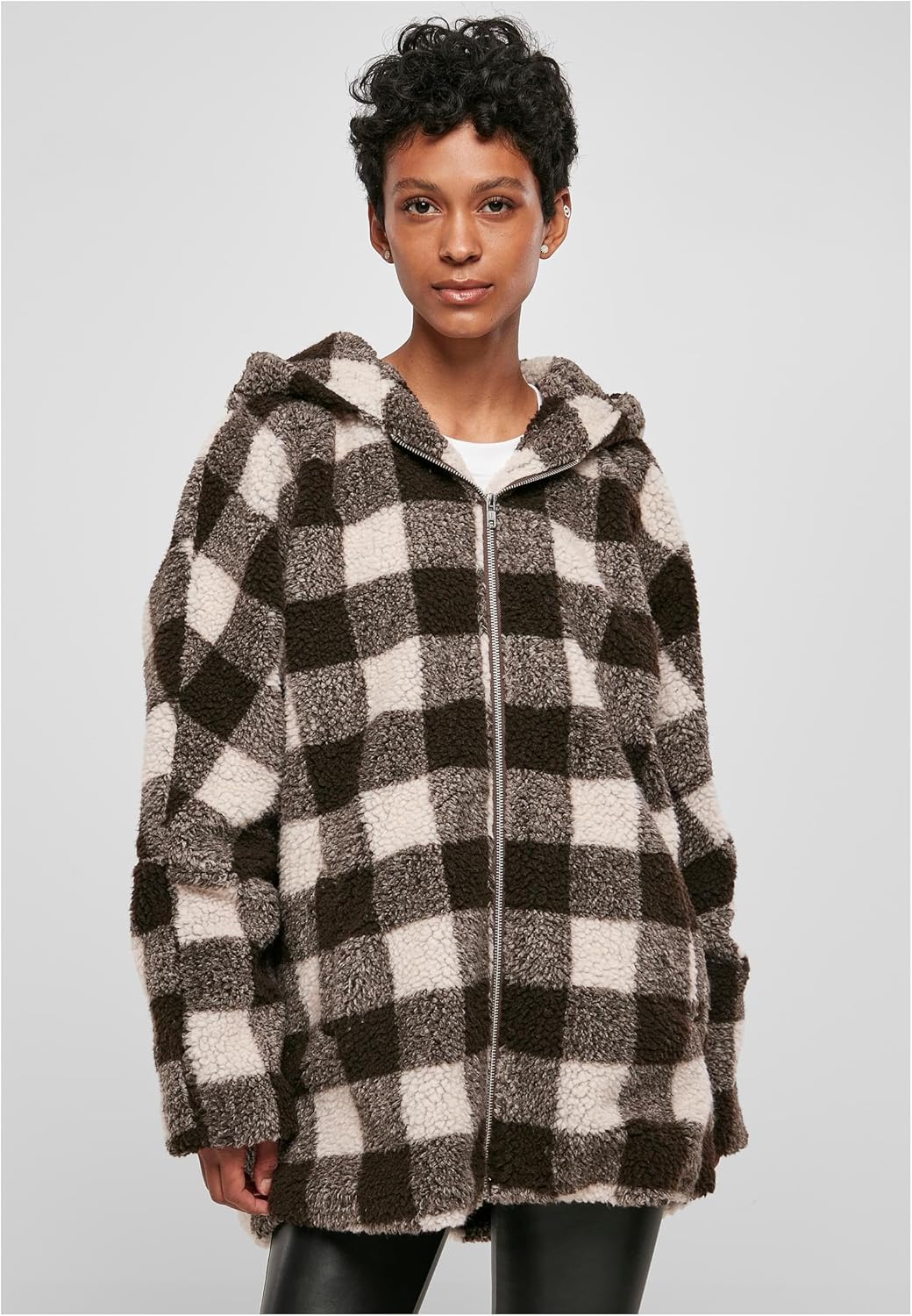 Urban Classics Ladies Hooded Oversized Check Sherpa Jacket Frauen Übergangsjacke braun S pink/brown,