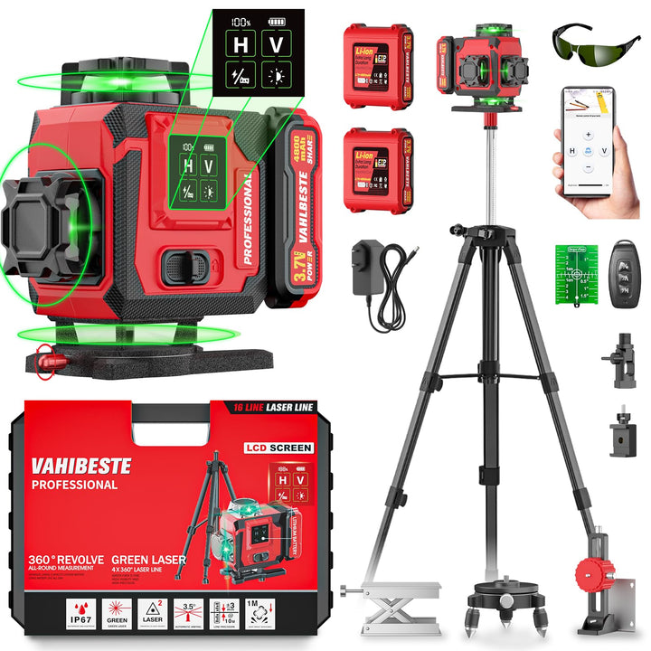 Kreuzlinienlaser mit Stativ, Laser Wasserwaage mit 2x4800 mAh Batterien, 4x360 Grad Laser Level mit