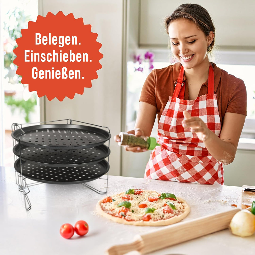 Chef Pomodoro Pizzablech – Pizzablech Rund – Pizza Blech – 3er Set - Pizzaform - Pizza Backblech - P