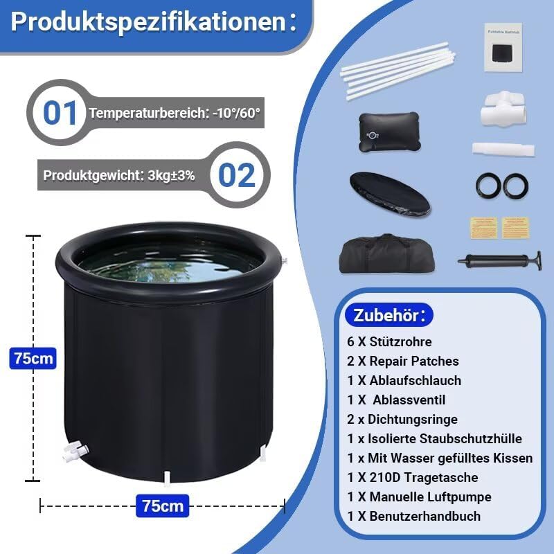 Anise Star Eisbad 75x75cm, faltbare Badewanne für Erwachsene, Ice Bath Cold Plunge Tonne, mit Isolie