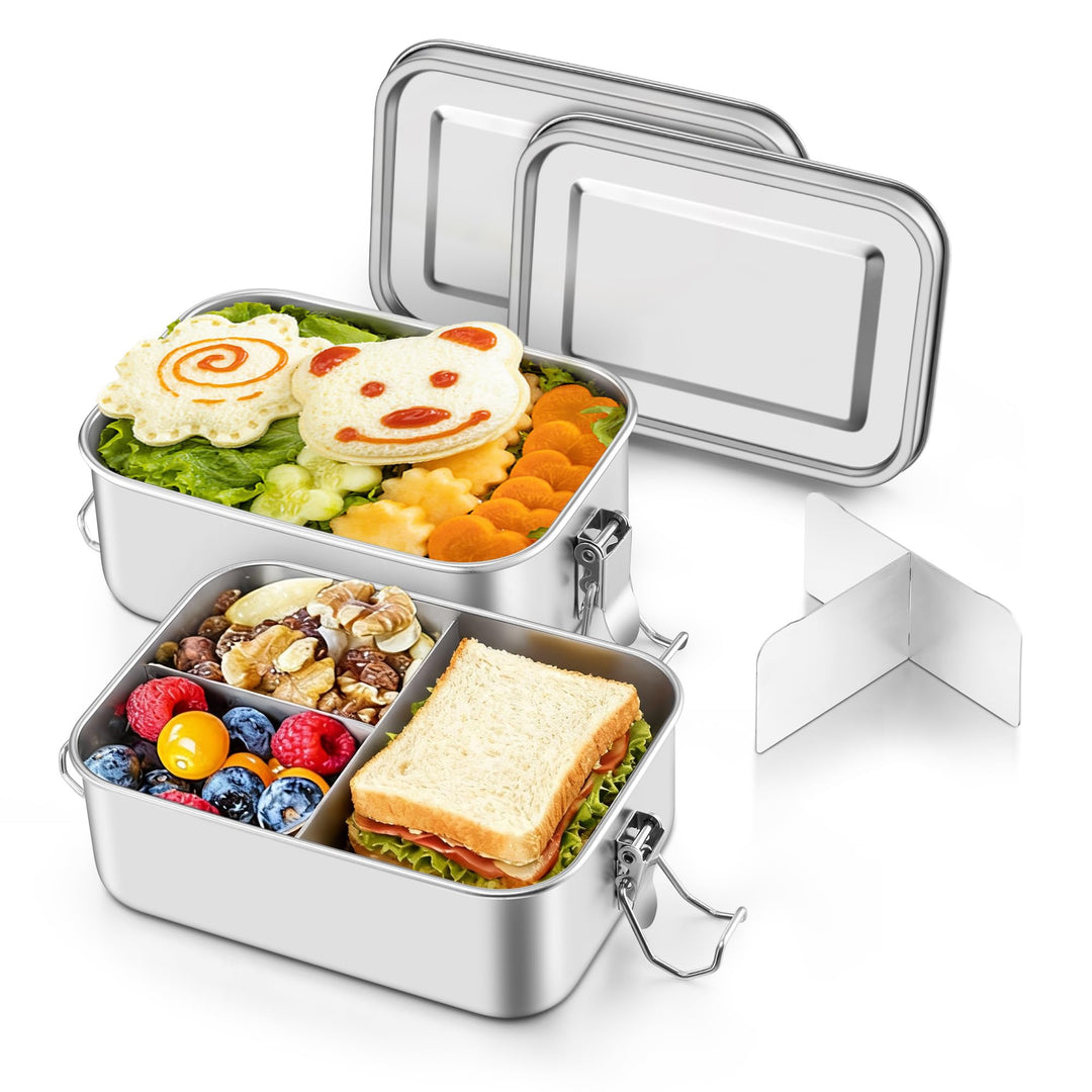 Onader Edelstahl Brotdose mit Fächern 2er Set, 850ml Bento Box Lunchbox mit Abnehmbar Trennwand, Met