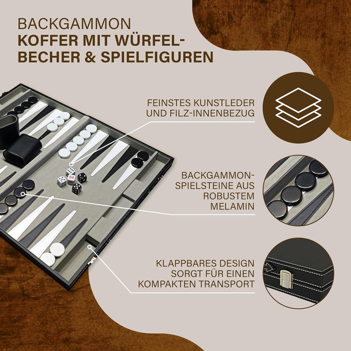 PrimoGames Koffer Backgammon Attaché Kunstleder - Edles Kofferspiel mit Filz Bezug und fein aufgenäh