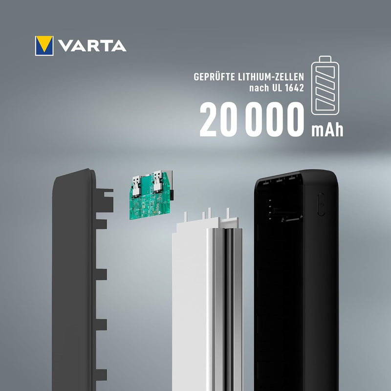 VARTA Power Bank 20000mAh, Powerbank Power on Demand mit 4 Anschlüssen (1x Micro USB, 2x USB A, 1x U