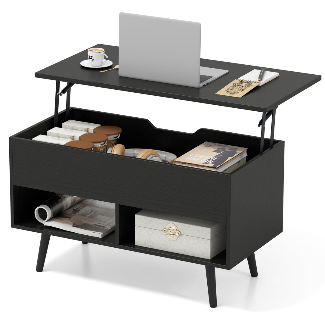 COSTWAY Couchtisch höhenverstellbar, Sofatisch mit anhebbarer Tischplatte & 2 offenen Regalen, auszi