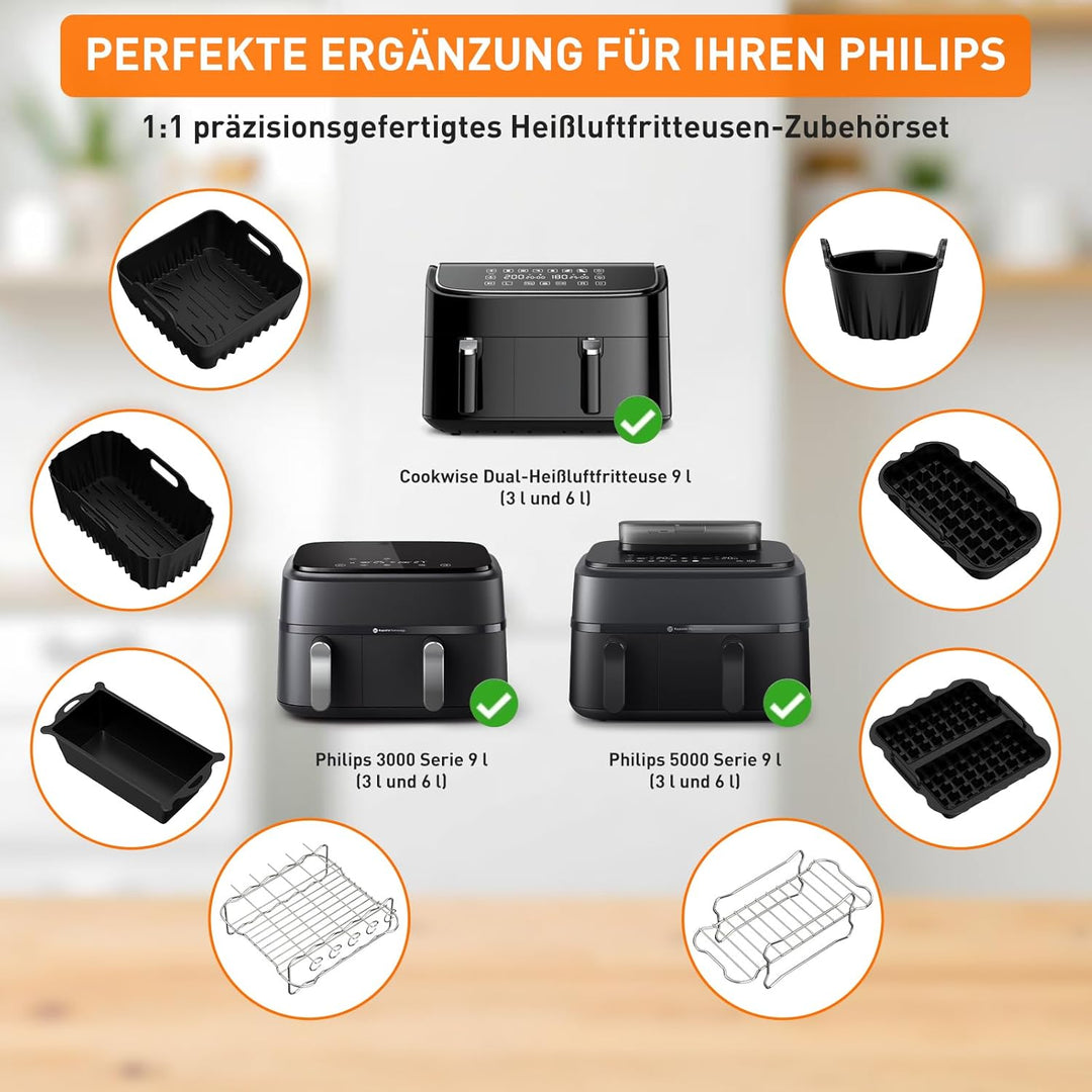 12 Stück Airfryer Zubehör für Philips Airfryer Dual Basket 3000/5000-Serie 6L/3L,Heissluftfritteuse