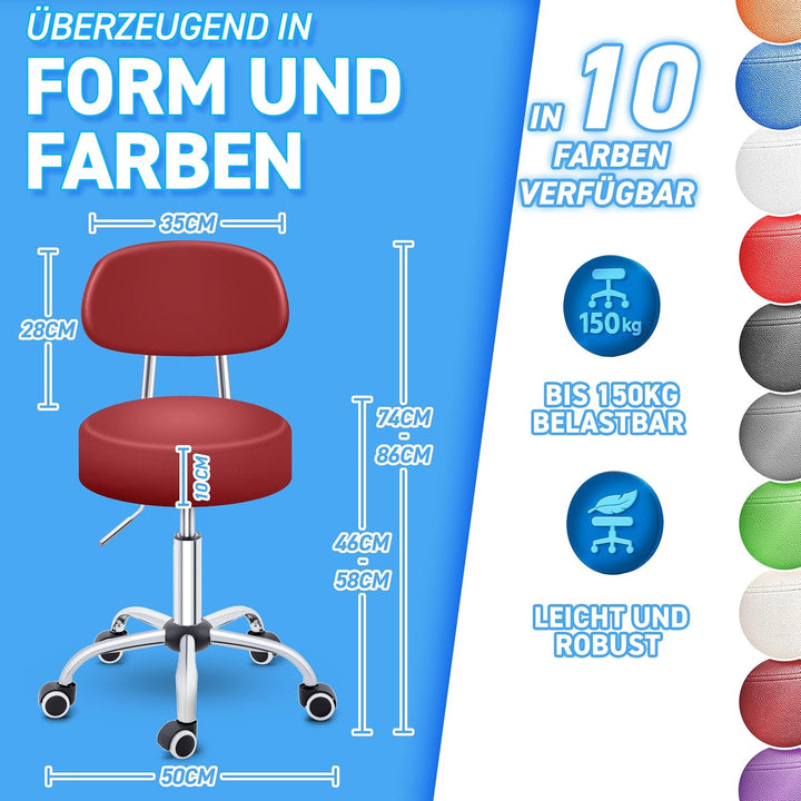 TRESKO® Rollhocker mit Lehne höhenverstellbar 10cm Dicke Polsterung Drehbar | Hocker 46-58cm | Arbei