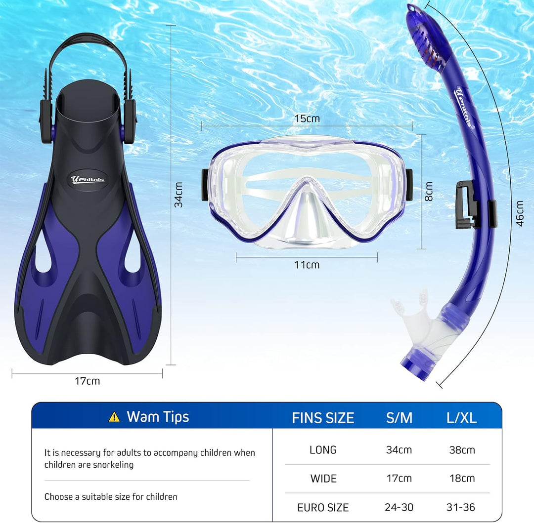 UPhitnis Schnorchelset Kinder mit Flossen,Anti-Fog 180°Panorama Taucherbrille Kinder, Verstellbaren