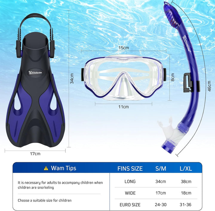 UPhitnis Schnorchelset Kinder mit Flossen,Anti-Fog 180°Panorama Taucherbrille Kinder, Verstellbaren