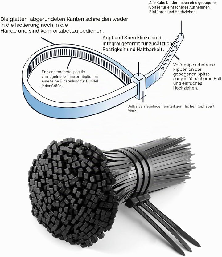 Dicke Kabelbinder, strapazierfähig, 450 mm x 7,6 mm, starke grosse Kabelbinder, schwarz mit 22 kg Zu