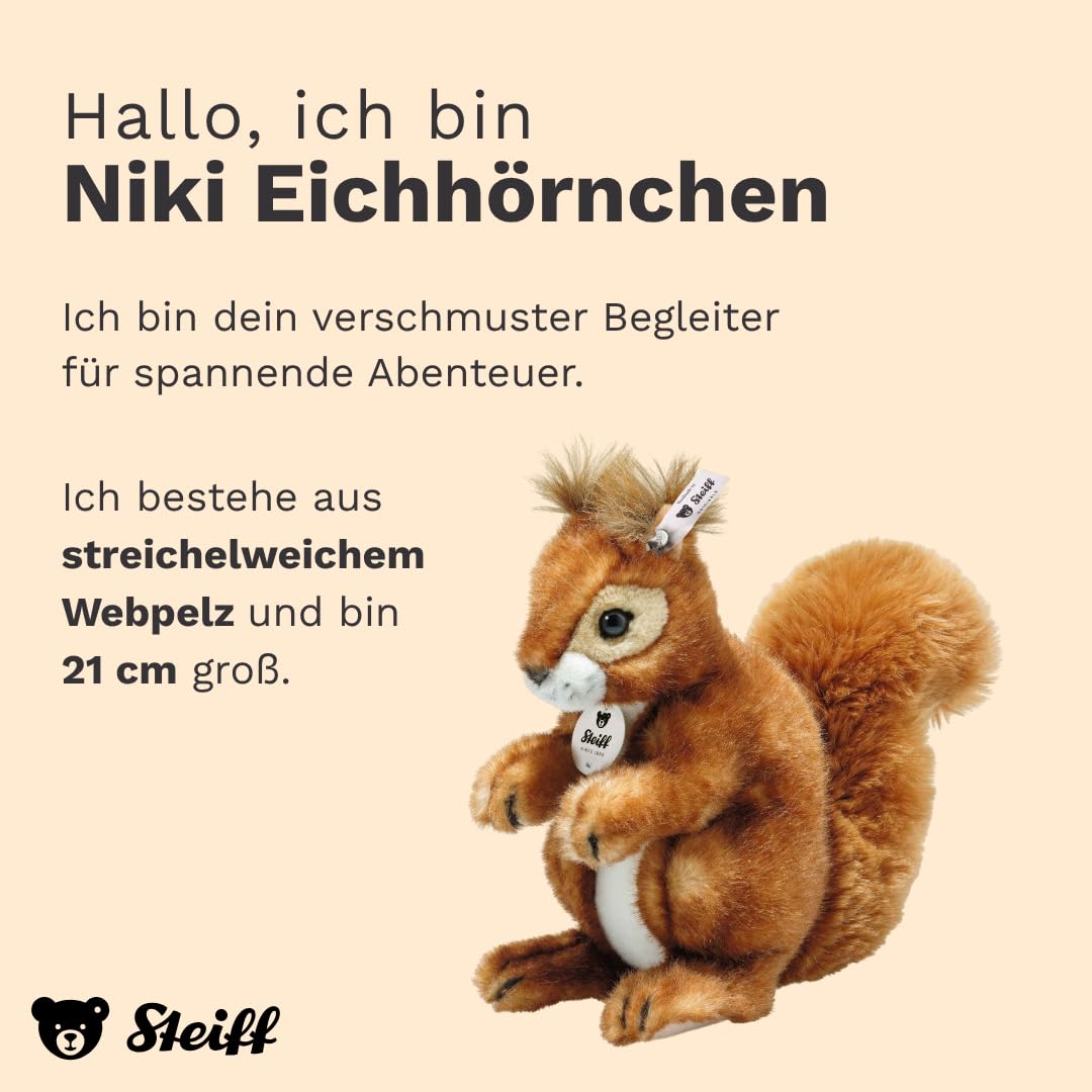 Steiff Niki Eichhörnchen - 21 cm - Kuscheltier für Kinder - weich & waschbar - rotbraun (045141), Ro