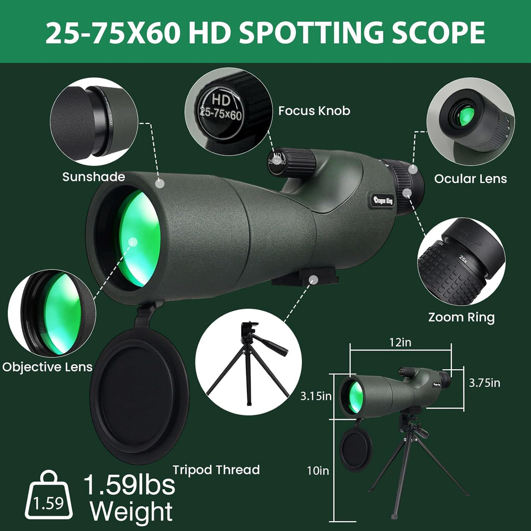 BIBIRE Spektiv mit Stativ und Smartphone-Adapter, 25-75x60 HD-Spektiv mit Tragetasche für Zielschies